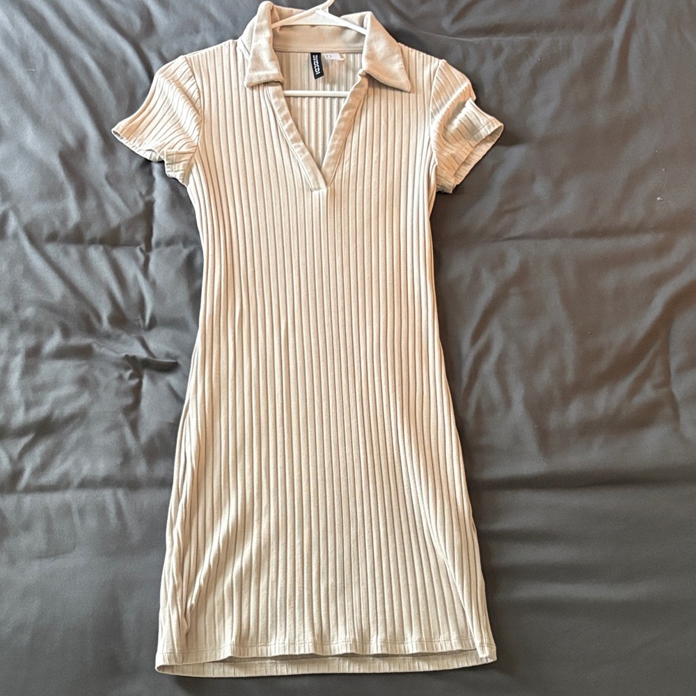H&M Cream Ribbed Collared Mini Dress
